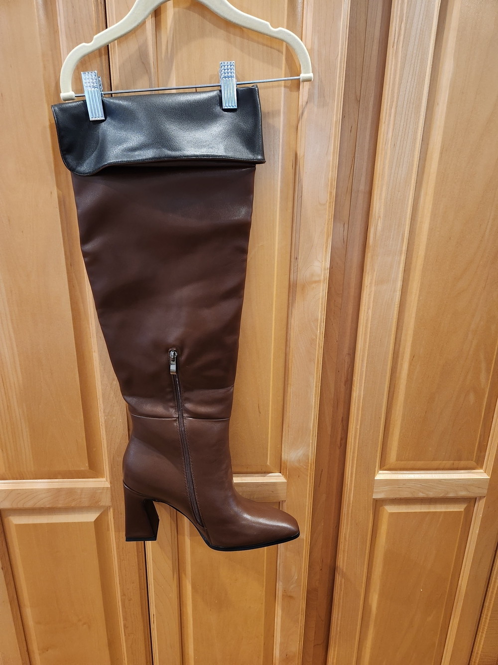 Over-the-Knee Brown Leather Boots with Fold-Over Cuff